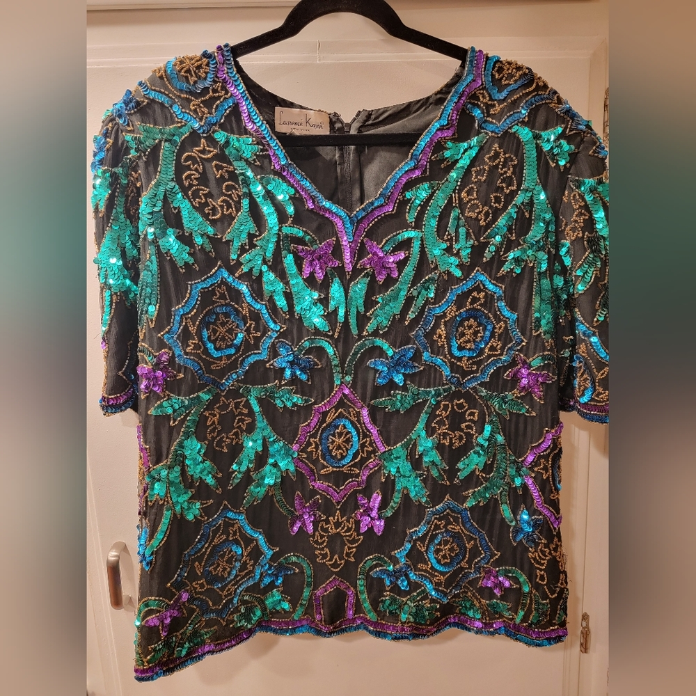 Vintage Laurence Kazar Sequin Formal Evening Top Blouse Size 2X